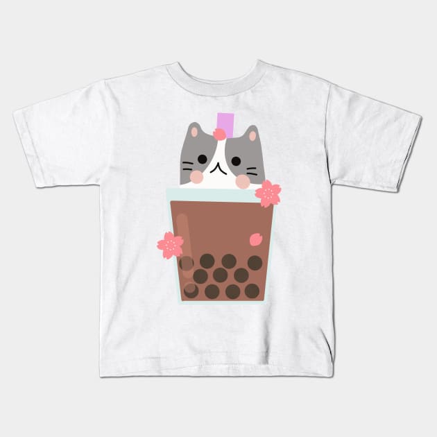 Cat Boba Tea Kids T-Shirt by Miri Art